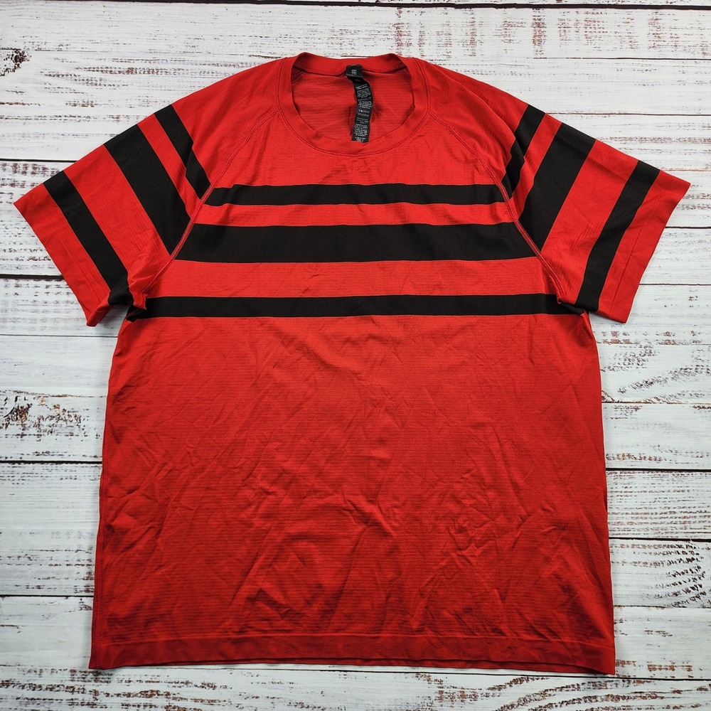 Lululemon Metal Vent Tech Short Sleeve Shirt Mens XXL Red Black Striped